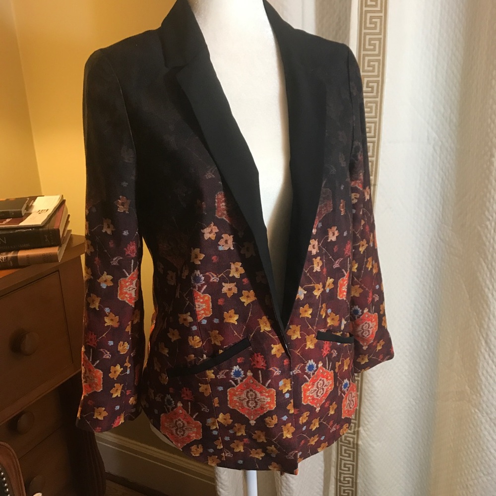 Anthropologie Black and Burgundy Floral Blazer
